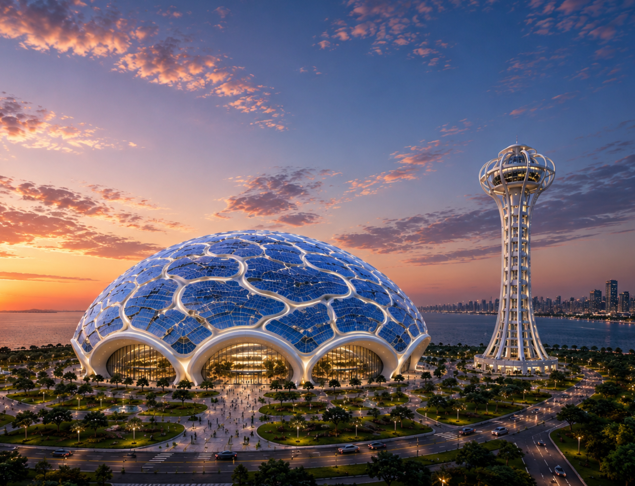 Brain-inspired dome at night
